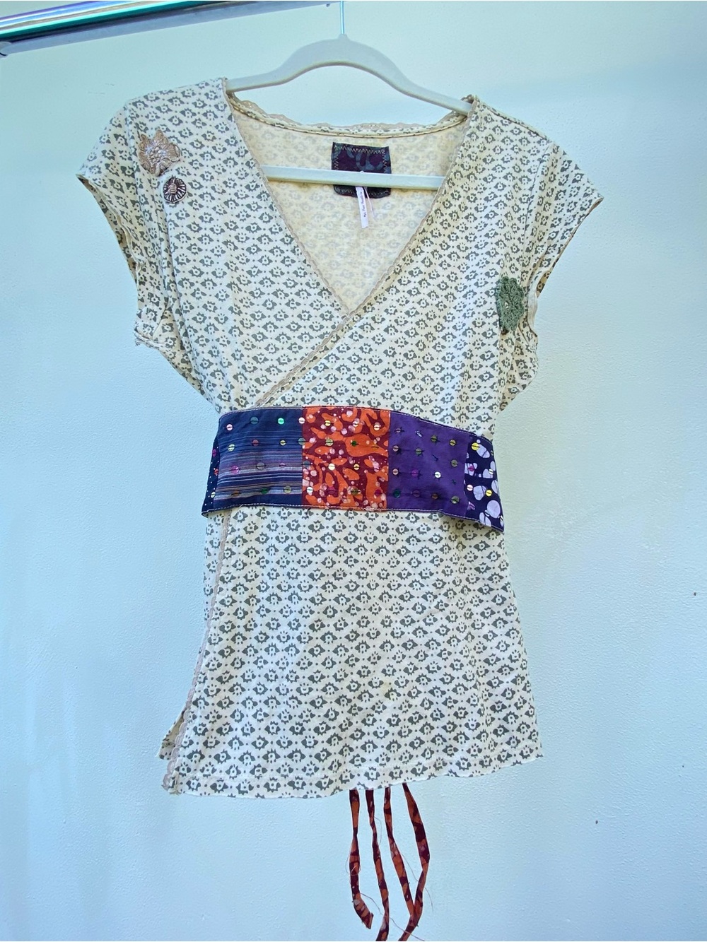 Y2K Free People Green & Cream Sequin Belted Surplice fairy Top Size Large